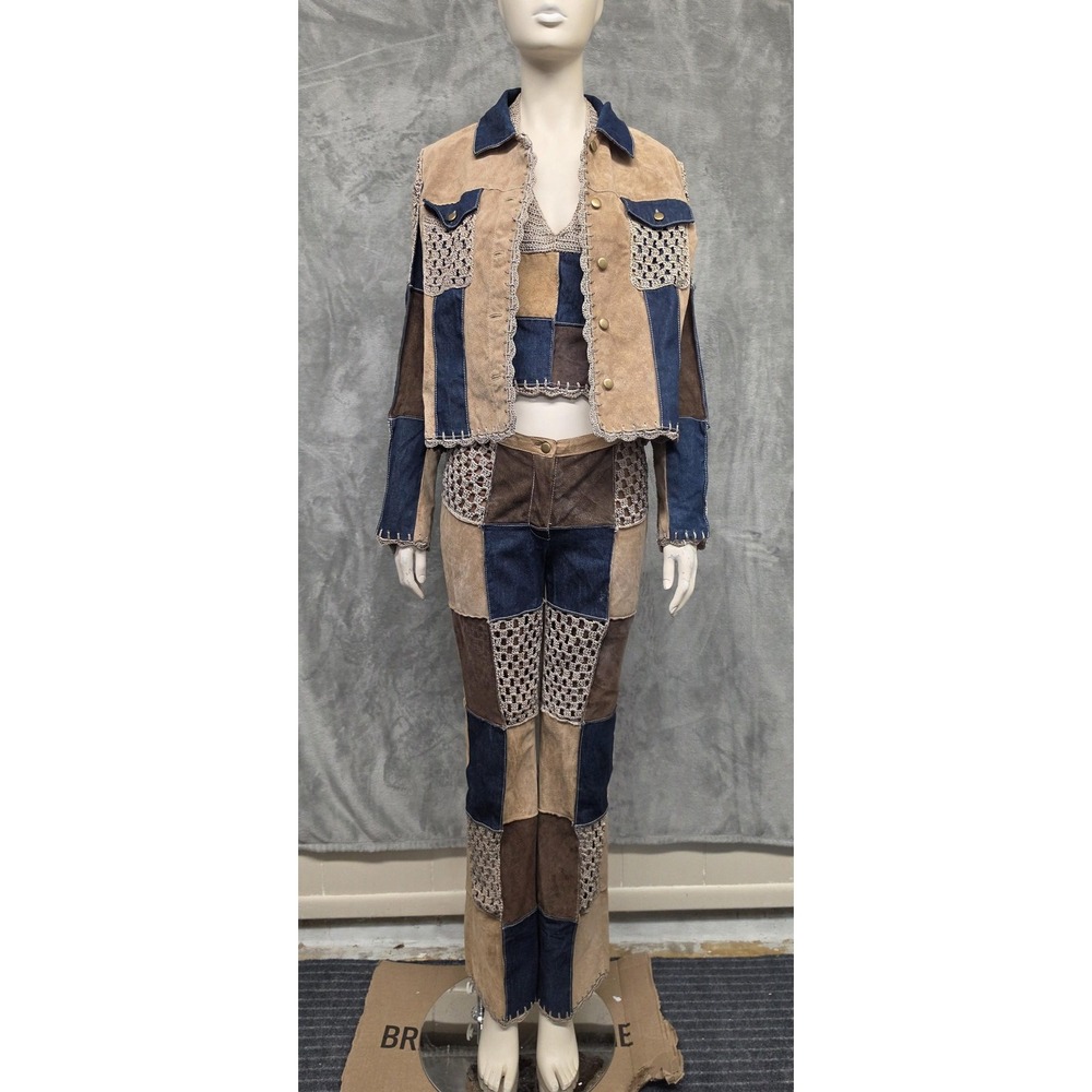 Wilsons Leather Maxima Patchwork Jacket Vest Pants Set Boho Crochet Denim 3pc